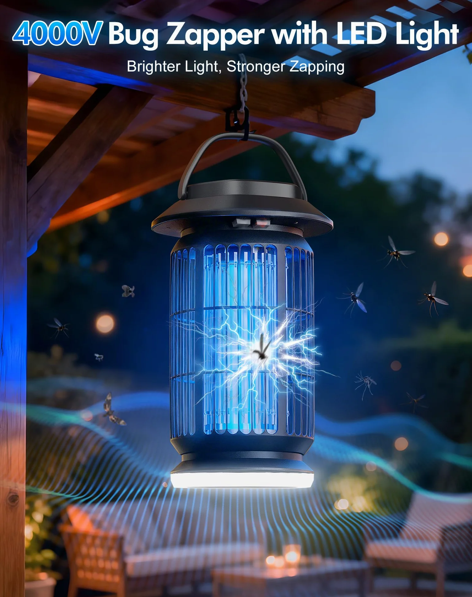 Bug Zapper Outdoor & Indoor, 4400V Elektrischer Mückenzapper mit UV & Blaulicht, Extra weiße LED, deckt bis zu 2100 m² ab, IP64 Wasserdicht