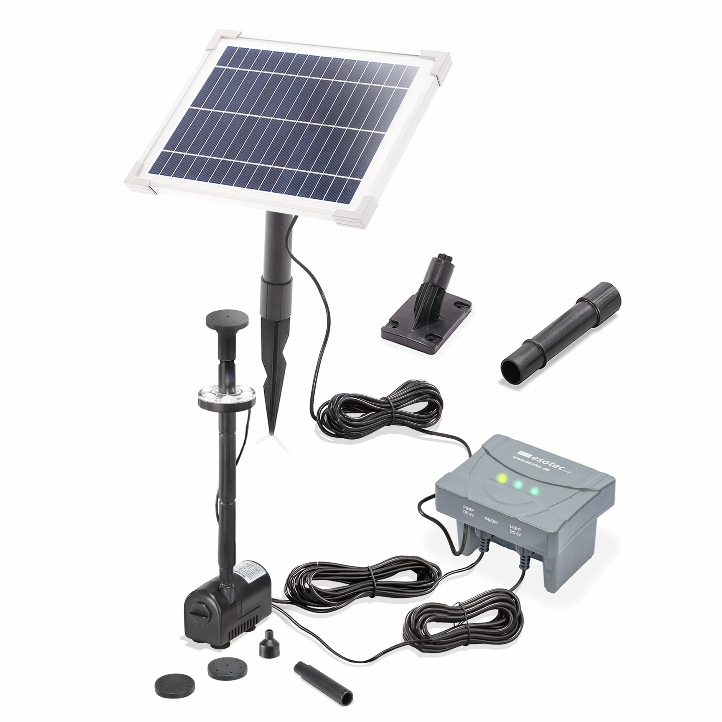 esotec Solar Teichpumpenset 6/220 LED außen, Teichpumpe mit Filter, Sprinklerpumpe 220l/h, LiFePo4 Akku, Solarmodul 6W, Solarbrunnen, Gartenteich Wasserspiel, Springbrunnenpumpe, 101023