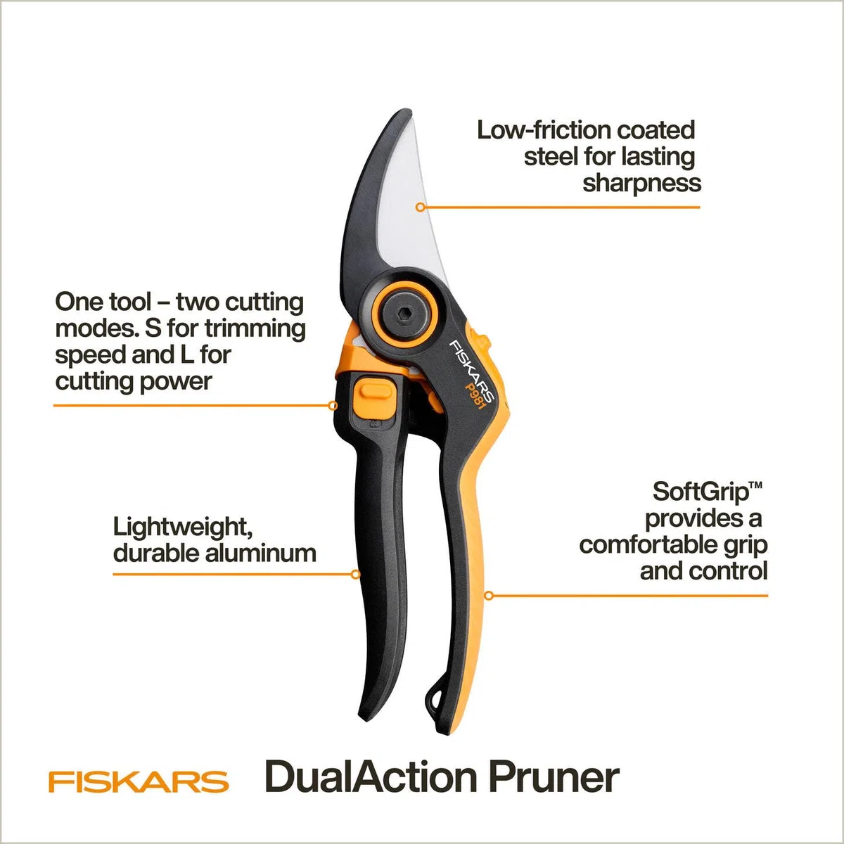 Fiskars X-series DualAction Gartenschere Bypass P981, 2-in-1-Modus für dünne und dicke Äste, Ergonomischer Rollgriff, Antihaftbeschichtete Stahlklingen/FiberComp-Griffe, Schwarz/Orange, 1080132