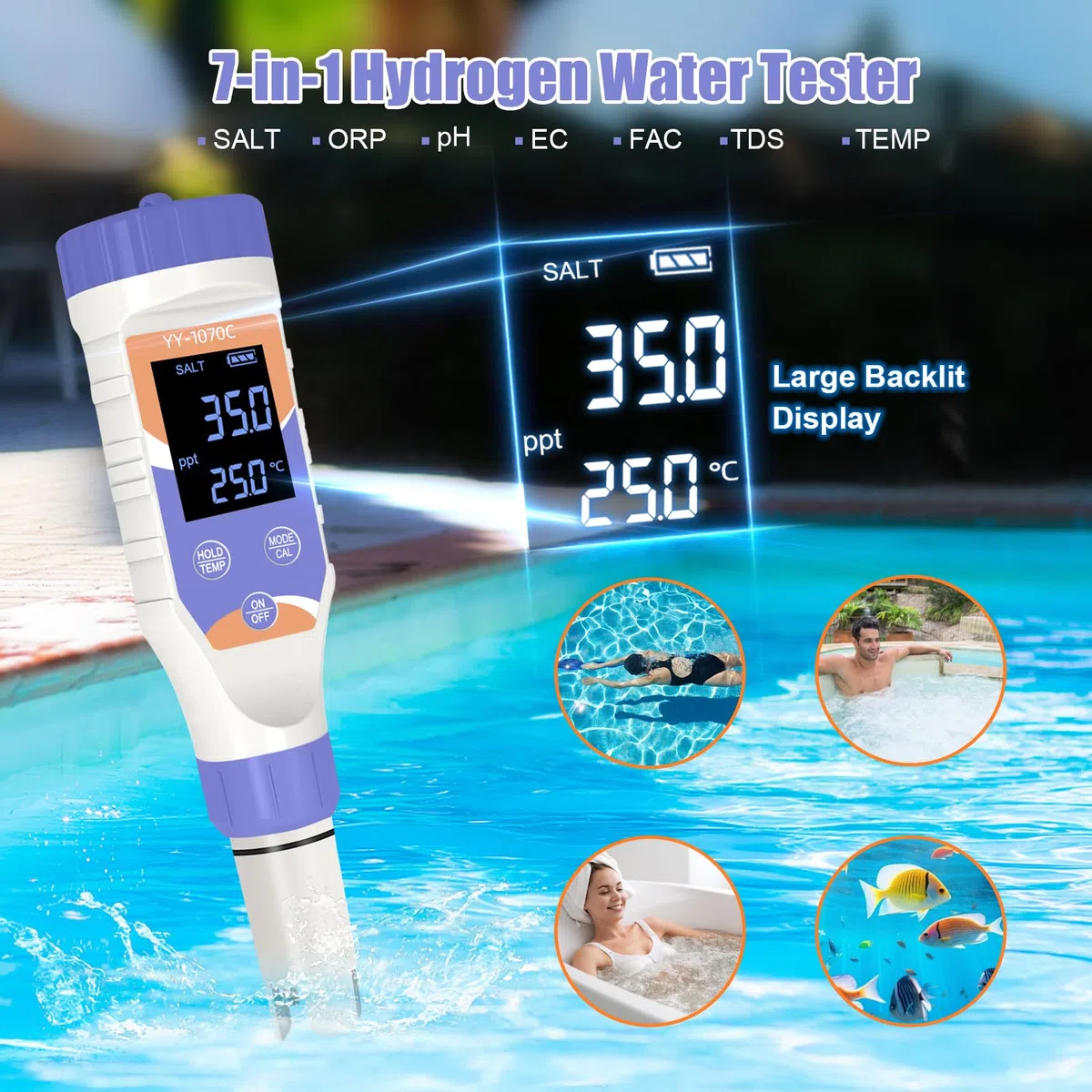 7-in-1 Digitaler Pool-Wassertester – Chlor, pH, Salz, ORP, EC, TDS & Temperatur – für Salzwasserpools, Whirlpools, Spas, Aquarien & Hydroponik – Sicheres & gesundes Schwimmen