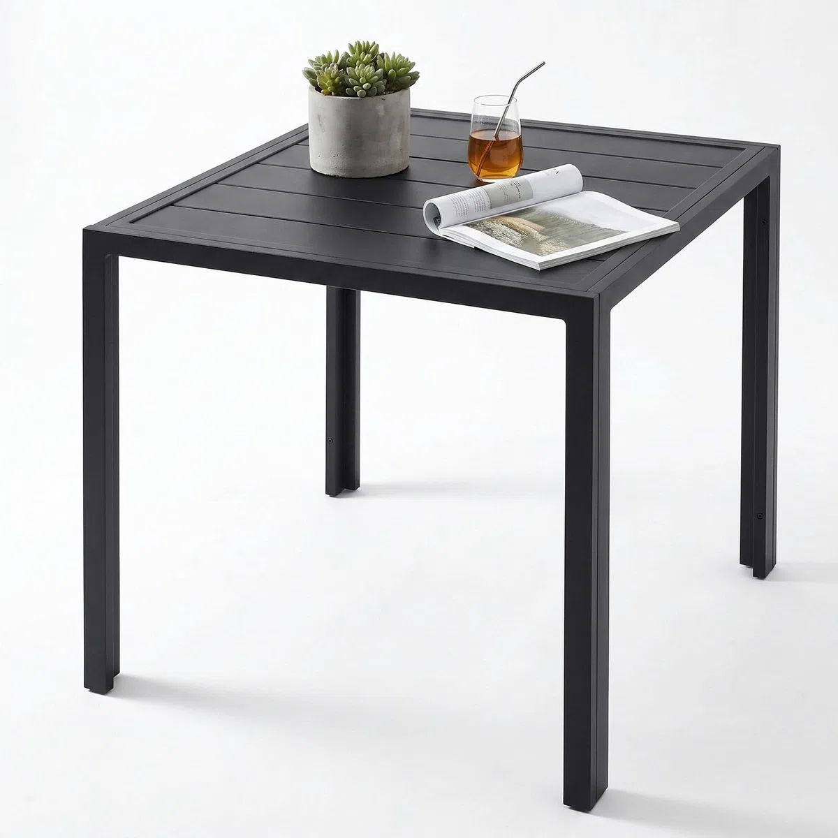 LIFERUN Gartentisch Wetterfest klein, 75x75 cm Aluminium Balkontisch | Outdoor Quadratisch Terrassentisch Vollmetalltisch für Garten, Terrasse und Balkon, Schwarz (11 cm schmales Brett)