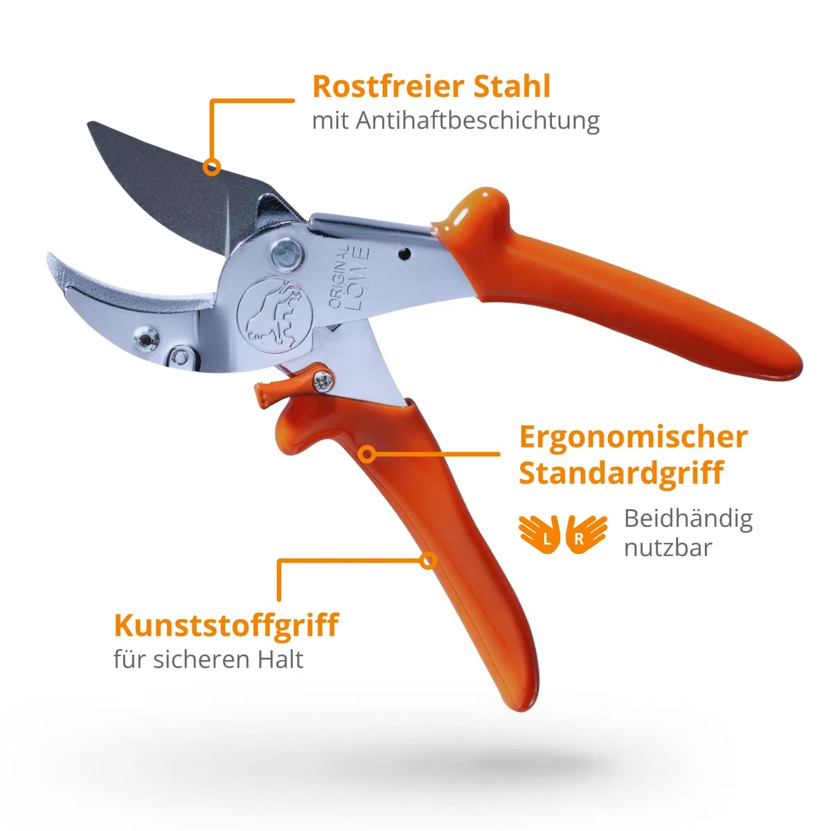 Original LÖWE 10 Profi Amboss Gartenschere 10.107 mit Bypass Geometrie - innovative scharfe Schere mit ergonomischen Griffen und Antihaftbeschichtung an Stahl-Klinge für Schneidarbeiten im Obstbau