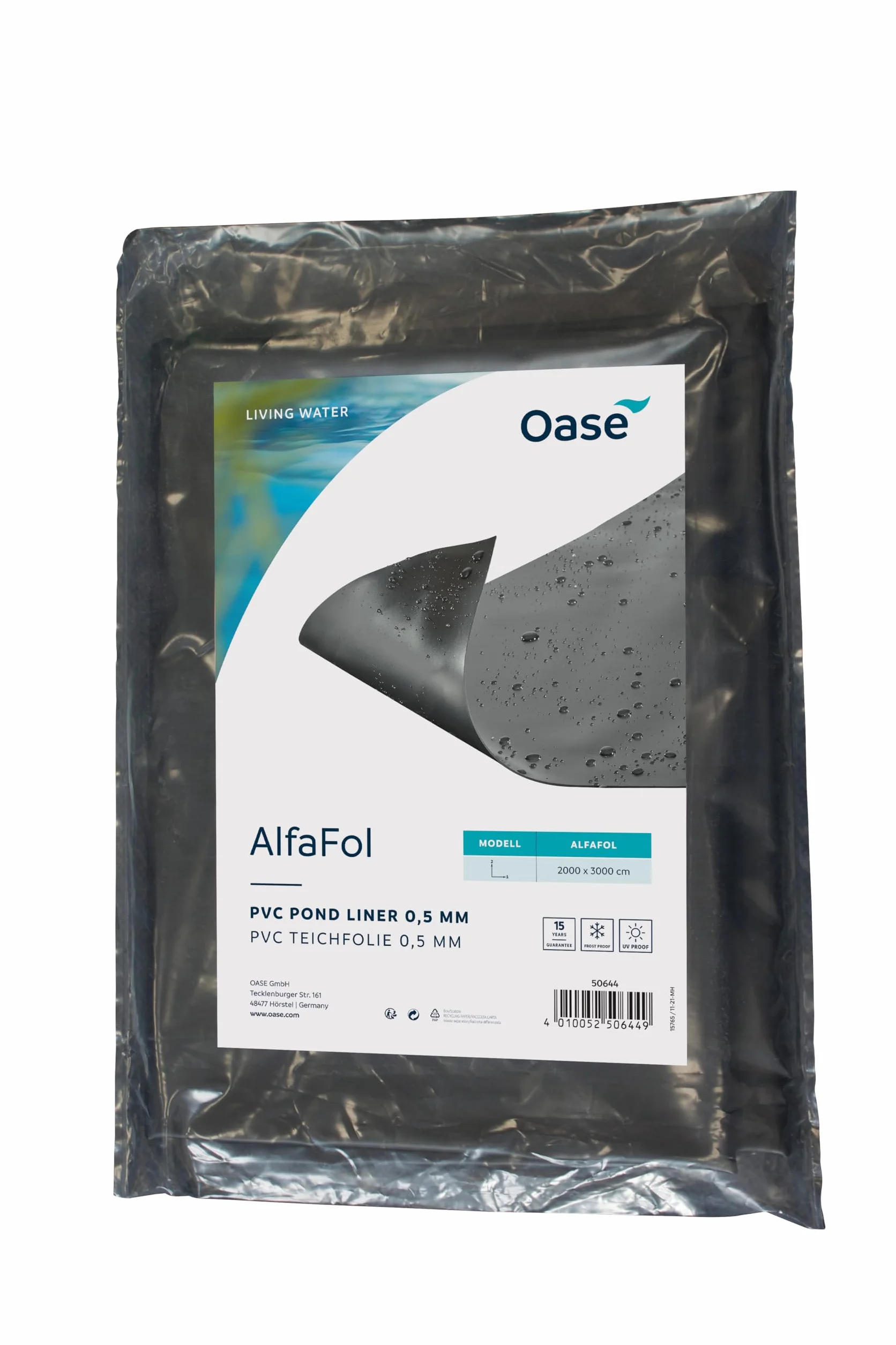 Oase 50649 AlfaFol Pre-Packed, 0,5 mm / 4 x 5 m, schwarz - PVC-Teichfolie, Folienabschnitt, Teichplane, UV- und witterungsbeständig