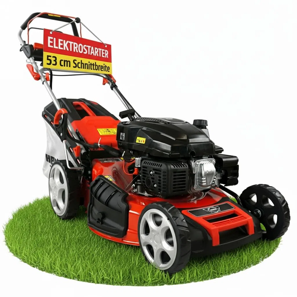 HECHT 5in1 Benzin Rasenmäher 6,0 PS – 53 cm mit Elektrostart & Radantrieb | 4-Takt Eco Motor mit 4,4 kW, 75 L Fangkorb, Mulchfunktion und Seitenauswurf – für Rasen & Garten
