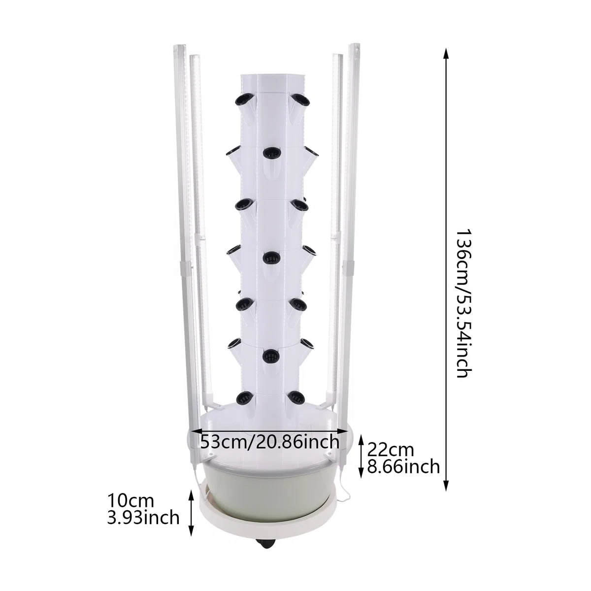 Hydroponik Turm 7 Ebenen 28 Pflanzen Vertikal mit LED und Pumpe | 28 Pflanzen auf 7 Ebenen in 53 cm Turm, 8 LED Lampen Timer, 30L Tank Rollen, Pumpe automatisch