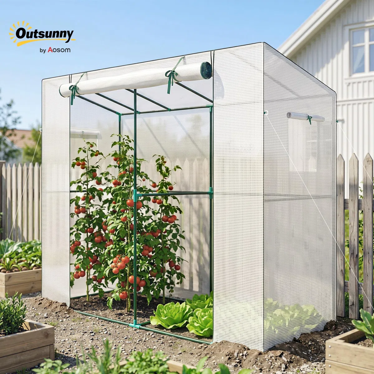 Outsunny Gewächshaus mit Rolltür 2 Fenster Winterfest 200x76x170cm Weiß | Foliengewächshaus aus Stahl, Treibhaus für Balkon Garten, Tomatenhaus mit UV Schutz, Tomatengewächshaus für Gemüse Blumen