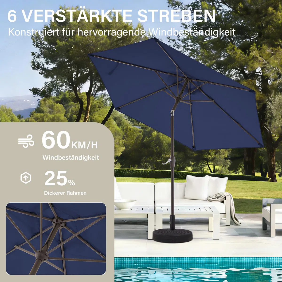 Palawano 2.3m Sonnenschirm, Neigbarer Gartenschirm mit Kurbel & Eisenmast, UV Schutz UPF 50+, Belüftetes Design, Sonnenschirm für Garten, Terrasse, Balkon & Strand, Marineblau