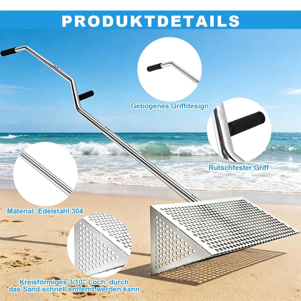 Sand Flohrechen Set, Edelstahl Strandsand Sieb, Abnehmbarer Langer Griff | mit Eimer, Handschuhe, Schaufel, Räder, Sandflohsieb Scharfen Zähnen Strandrechen, Sandflohharke Strand Sandsieb für Meerjagd