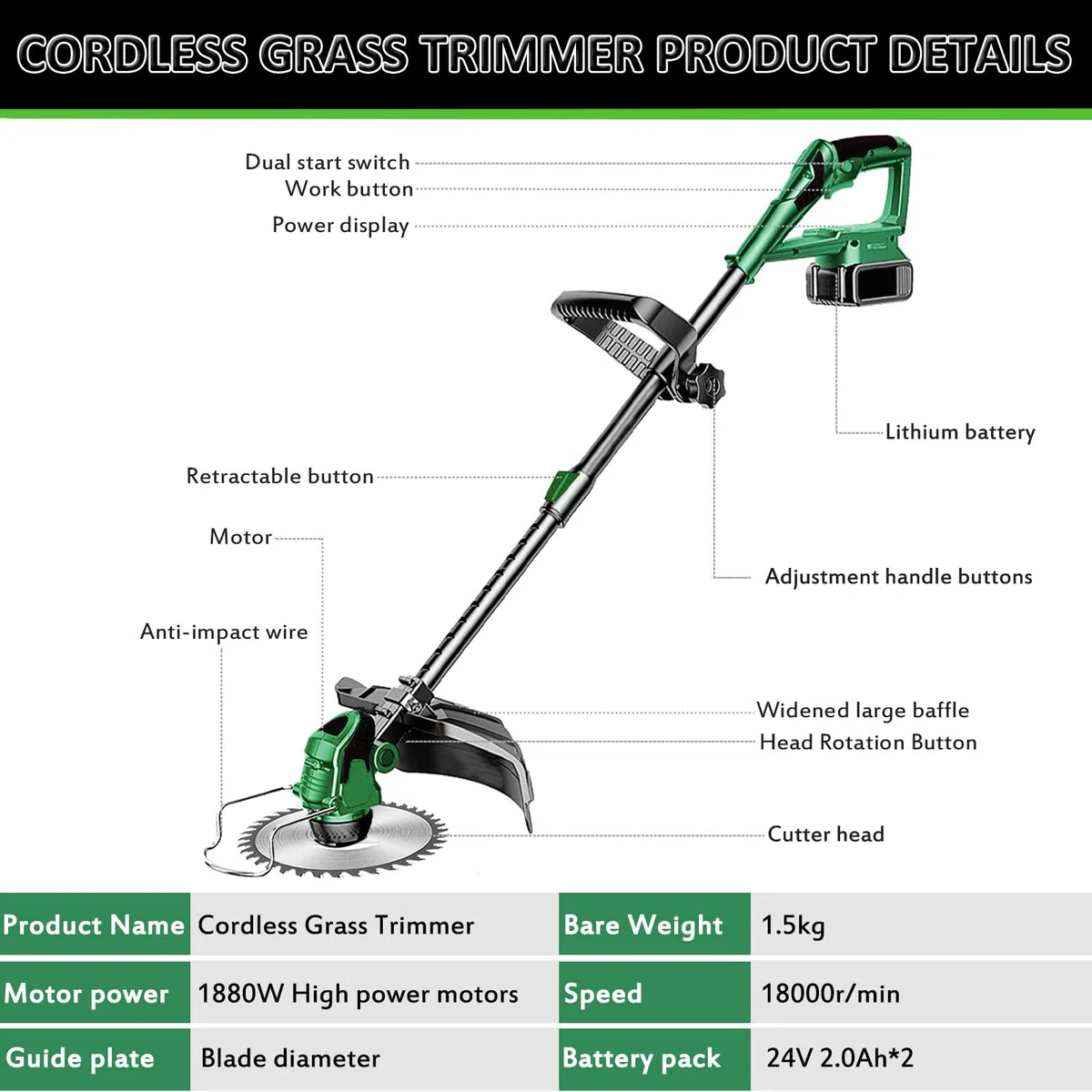 Akku Rasentrimmer mit Akku 24V Akku Freischneider 3 in 1 Elektro Rasentrimmer mit 2X2.0Ah Akku & Ladegerät, Multitool Rasentrimmer mit Messer 90-120cm Teleskop Rasenkantenschneider,Green