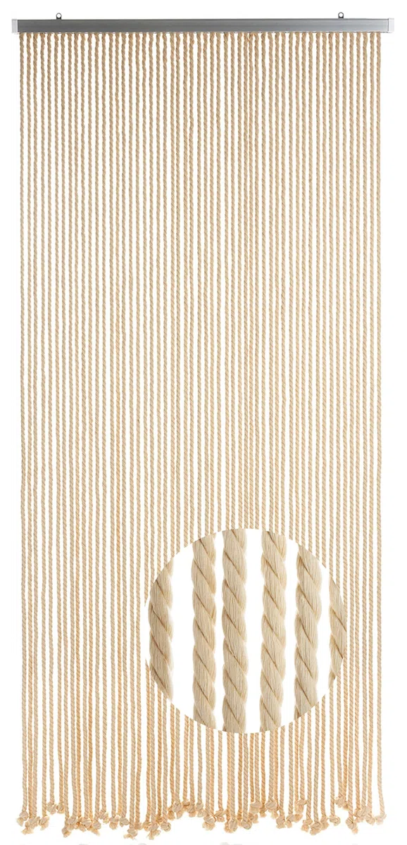 Kobolo Seilvorhang MARITIM 90x195/200cm beige, Türvorhang mit 54 Strängen je 1cm & Aluleiste, luftiger Fadenvorhang als Insektenschutz & Raumteiler, dekorativer Schnurvorhang, für Balkon und Terrasse