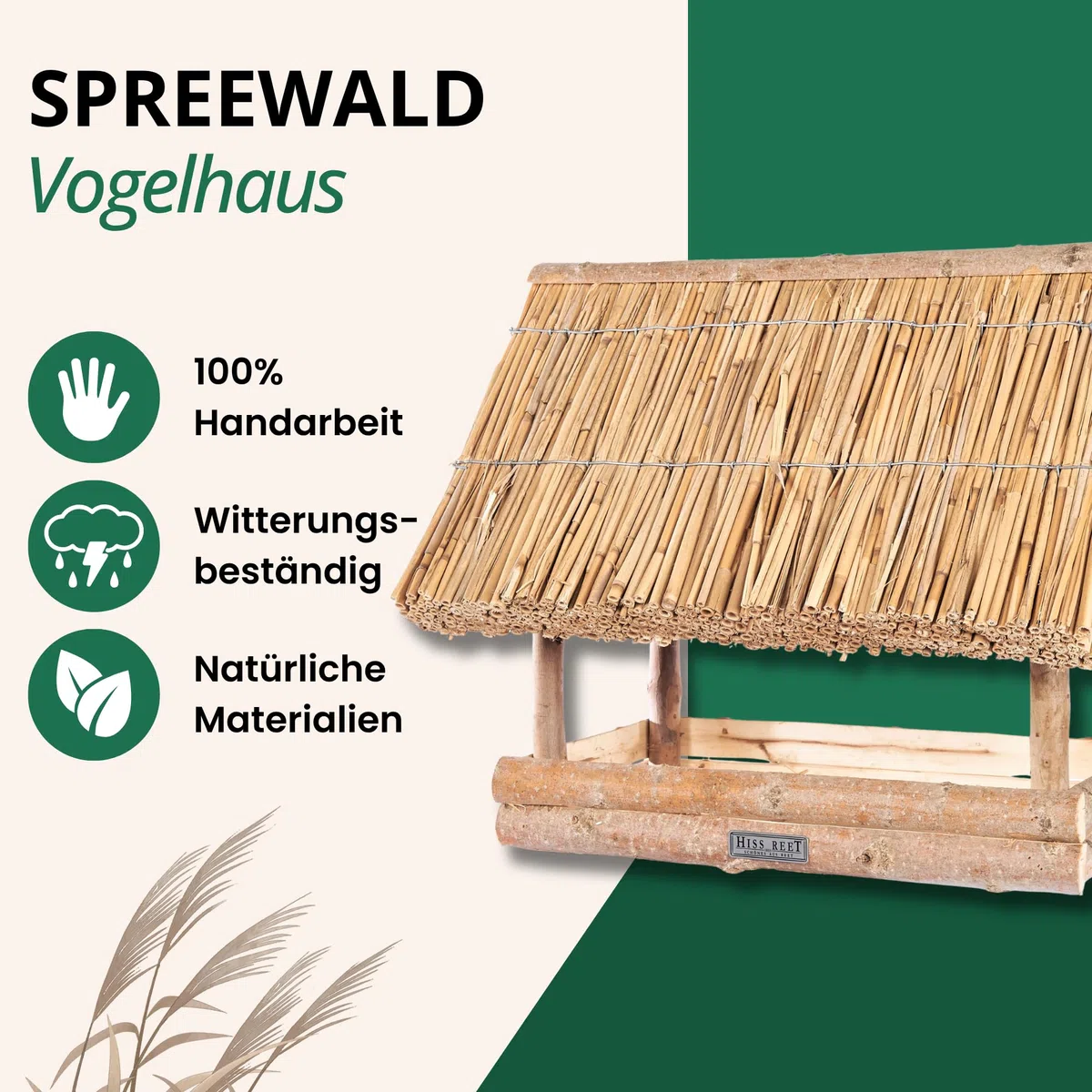 Vogelhaus mit Reetdach | Vogelfutterhaus SPREEWALD | Größe L | Holz Futterhaus für Vögel aus 100% Handarbeit I Ideal für Balkon, Garten & Terrasse I Witterungsbeständig
