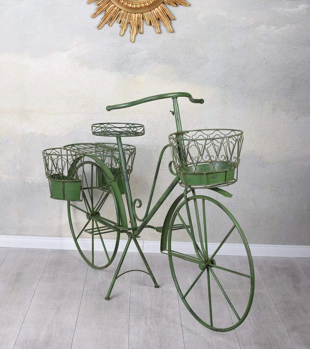 PFLANZFAHRRAD „LE JARDIN DE PROVENCE“ – Deko Fahrrad aus Eisen im Vintage Stil mit 4 Pflanzkörben Grün Garten Deko Metallrad zum Bepflanzen Terrasse Balkon Höhe 86 cm Länge 140 cm Tiefe 43 cm