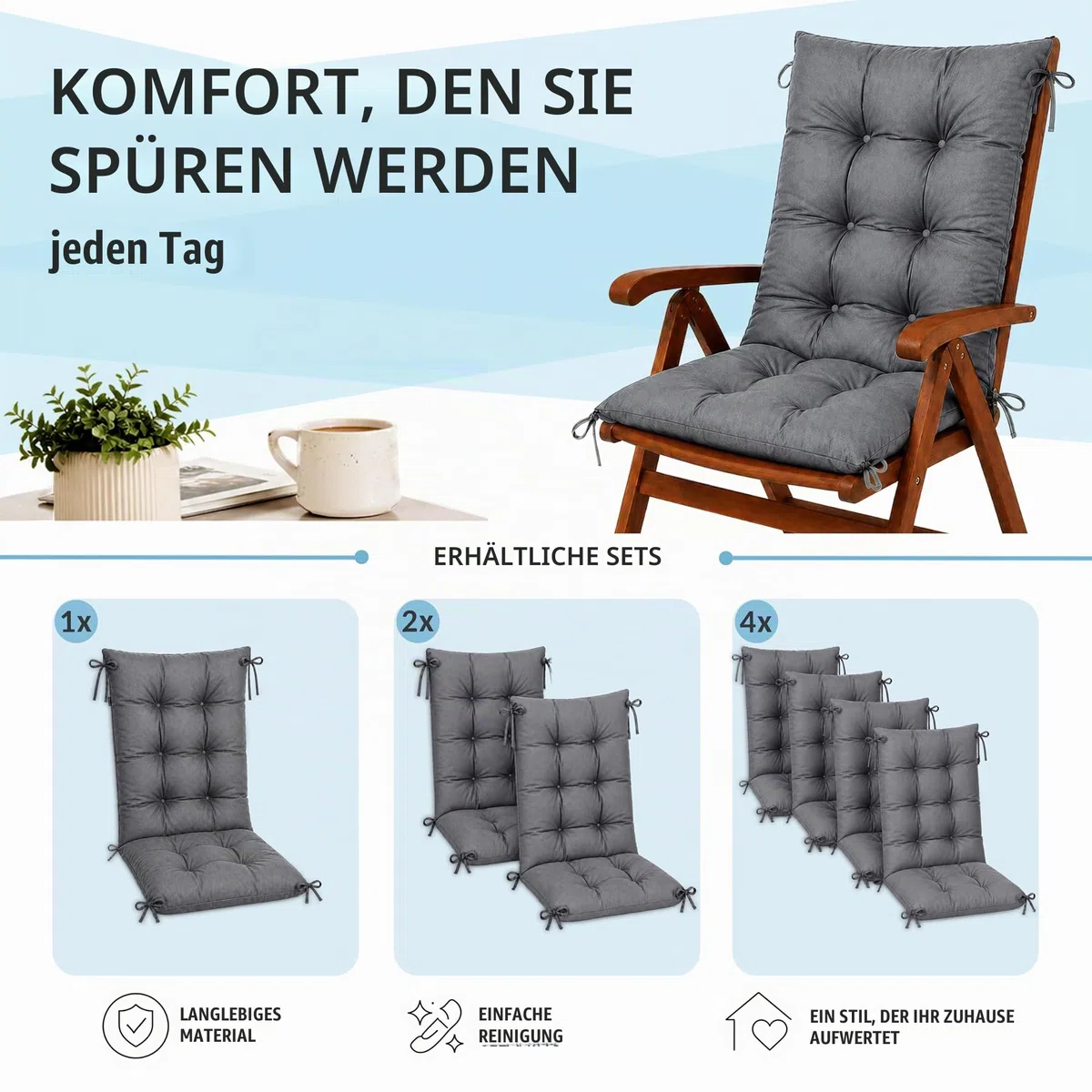 POKAR 4er Set Gartenstuhl Hochlehner Auflagen 120x50x10 cm | Gesteppte Wasserabweisende Polster | Hochlehner Sitzauflagen Gartenmöbel | Outdoor Gartenstuhlauflagen | Oeko-Tex | Made in EU | Anthrazit