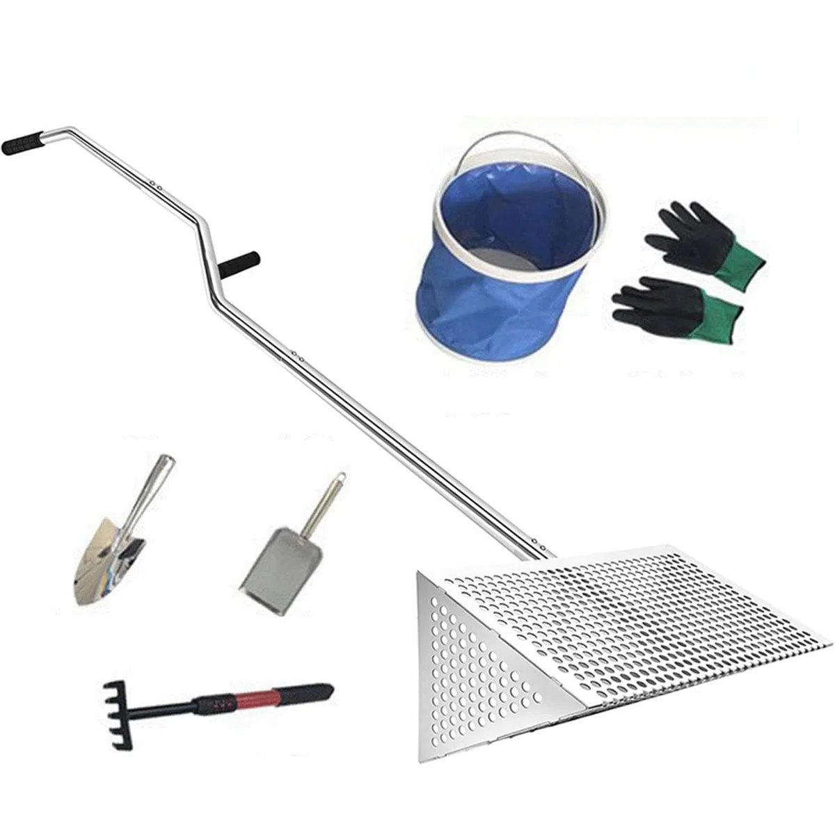 Sand Flohrechen Set, Edelstahl Strandsand Sieb, Abnehmbarer Langer Griff | mit Eimer, Handschuhe, Schaufel, Räder, Sandflohsieb Scharfen Zähnen Strandrechen, Sandflohharke Strand Sandsieb für Meerjagd