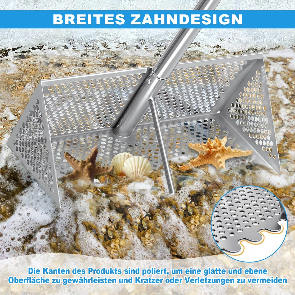 Sand Flohrechen Set, Edelstahl Strandsand Sieb, Abnehmbarer Langer Griff | mit Eimer, Handschuhe, Schaufel, Räder, Sandflohsieb Scharfen Zähnen Strandrechen, Sandflohharke Strand Sandsieb für Meerjagd