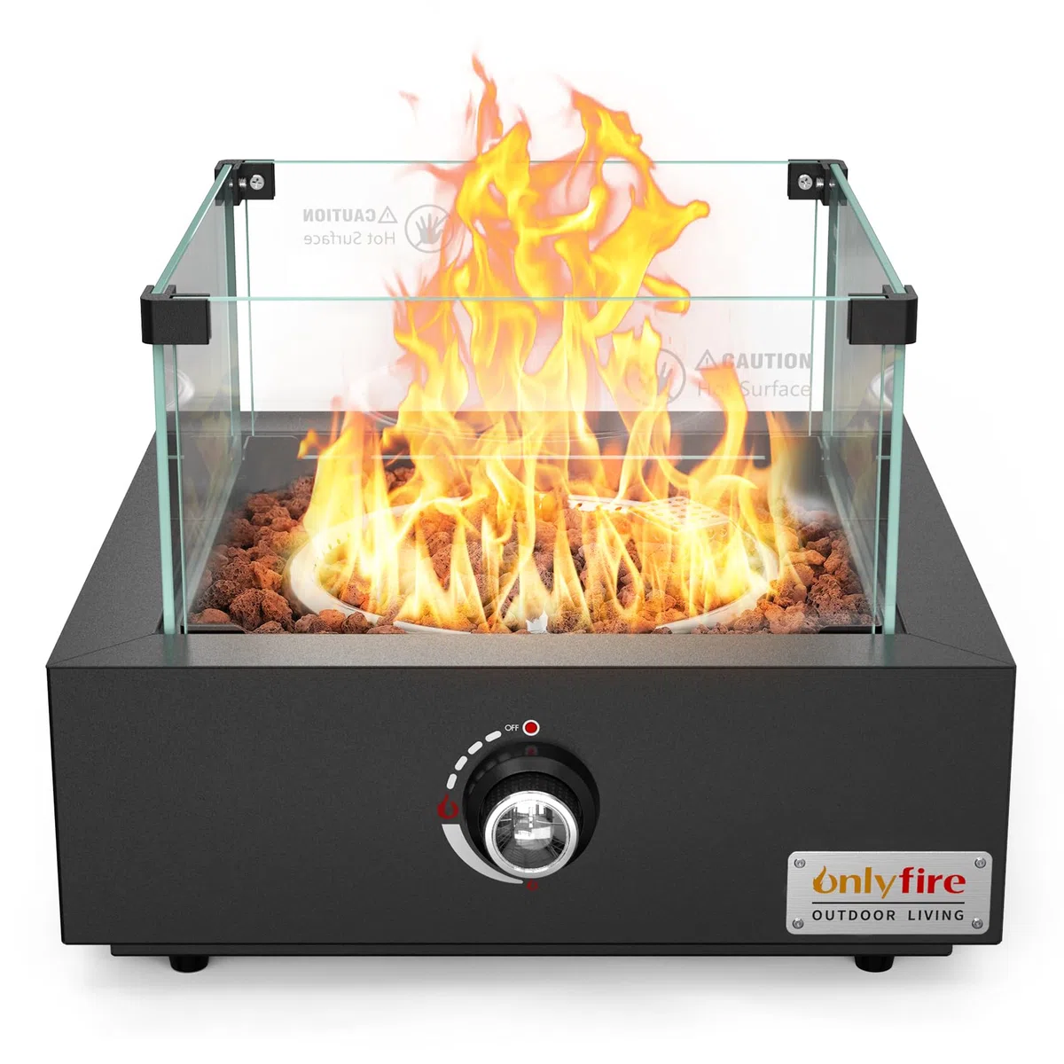 Onlyfire Tisch Gas Feuerstelle, Quadratische Outdoor Feuertisch mit Glaswindschutz, Lavastein und Hinterem Lufteinlass, Multifunktional Tischfeuer für Heizung, BBQ Grill & Ambientebeleuchtungen