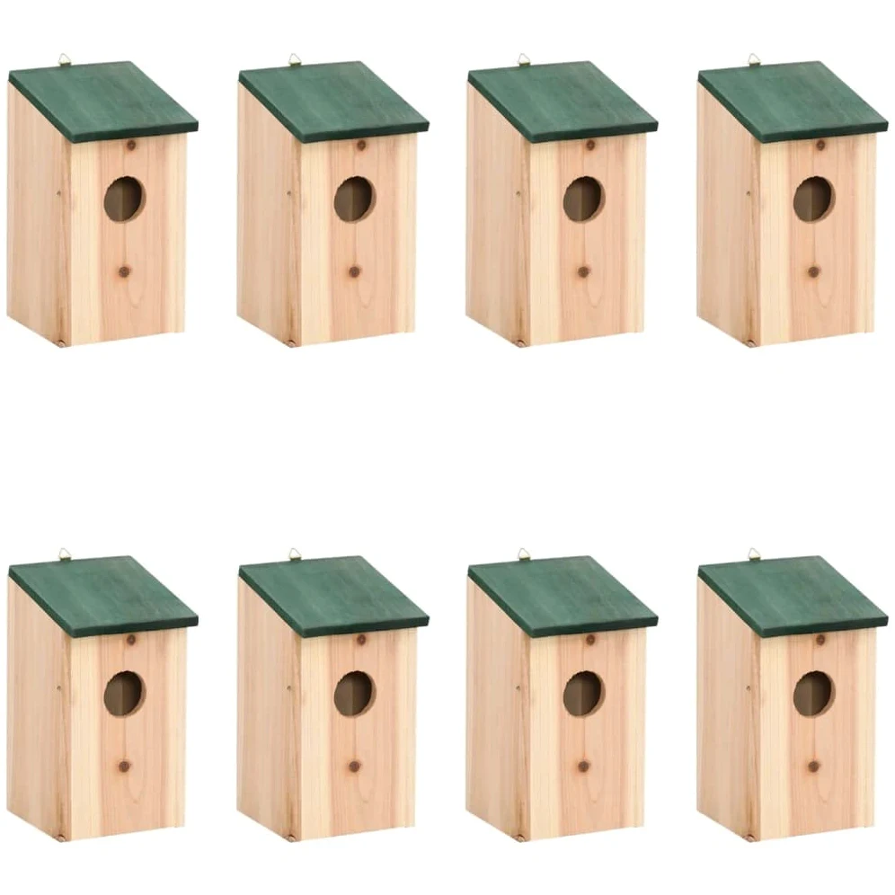 Vogelhäuser aus Holz 8 Stück 12x12x22 cm mit grünem Dach, wetterfest, als Nistkasten, Futterhaus und Futterstation für Singvögel im Garten, Balkon, Terrasse, Baum