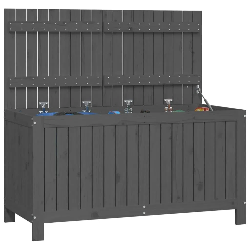 Gartentruhe aus massivem Kiefernholz Grau 121x55x64 cm mit Gasdruckfeder und Belüftungslatten, große Aufbewahrungsbox für Gartenzubehör und Haushaltsgegenstände, wetterfeste