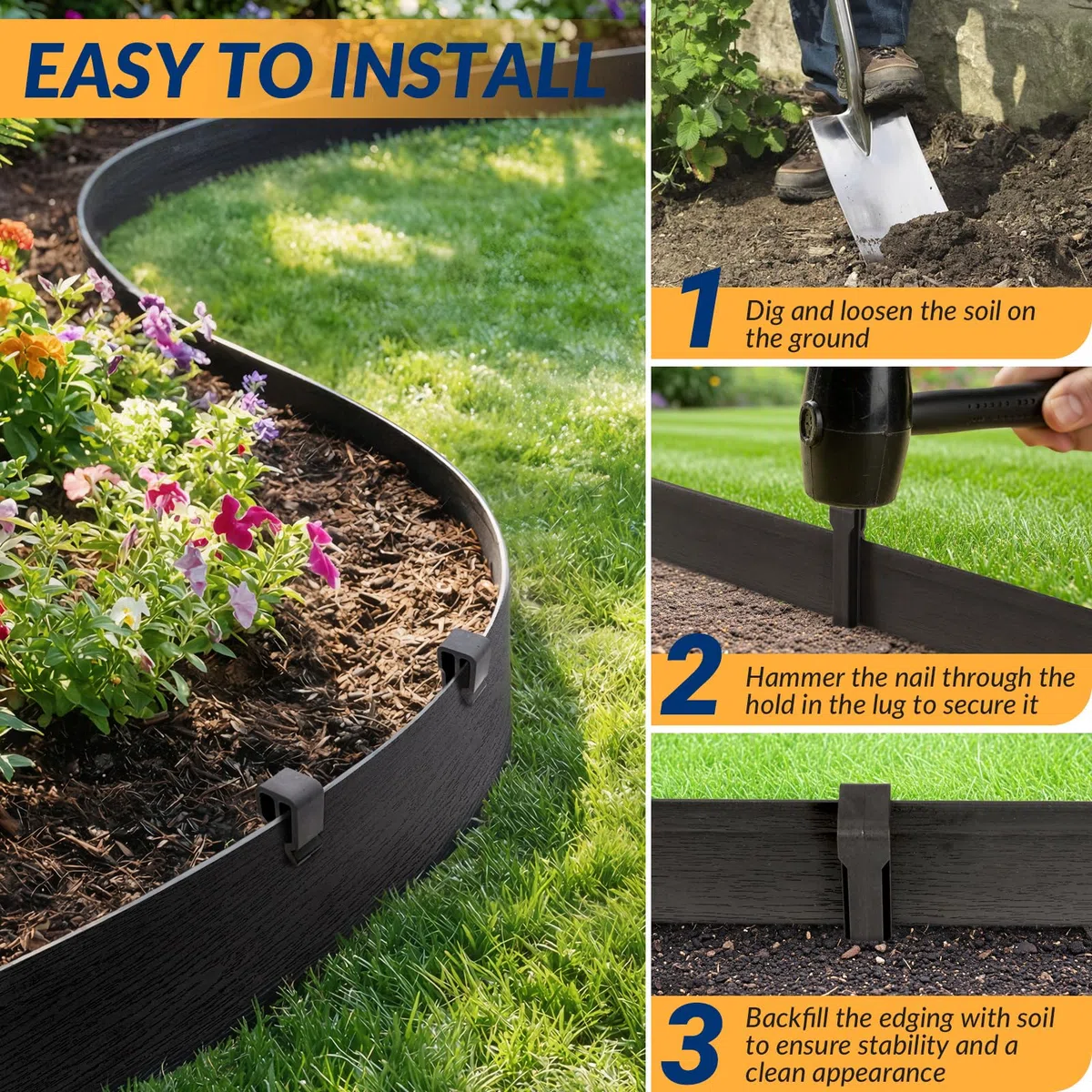 Velway Flexible Rasenkante Kunststoff, Länge 20m Höhe 13cm, mit 40 Erdanker, Schwarz – Beeteinfassung, Beetbegrenzung, Rasenbegrenzung für Garten & Wege