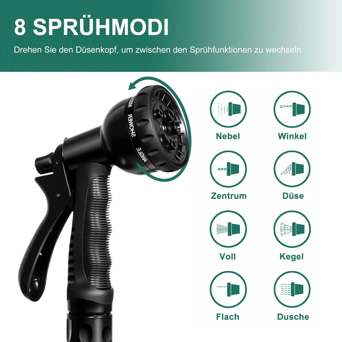 HYCHIKA Schlauchtrommel 30M - Wandmontierte Dehnbarer Gartenschlauch für den Garten, Auto Lock und Rewind, 8 Funktion Sprühpistole, 180°Schwenkbare Schlauchbox, Outdoor Bewässerung Sicher Speichern