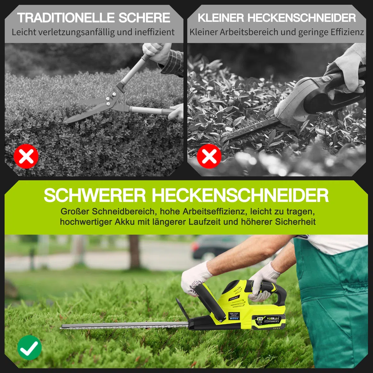 VOERJIA Akku Heckenschere 21V mit 2 Akkus, 50cm Messer, 15mm Schnittkapazität, Leistungsstarker bürstenloser Motor für Hecken am Zaun, Vorgarten & präzisen Formschnitt (Profi-Set)