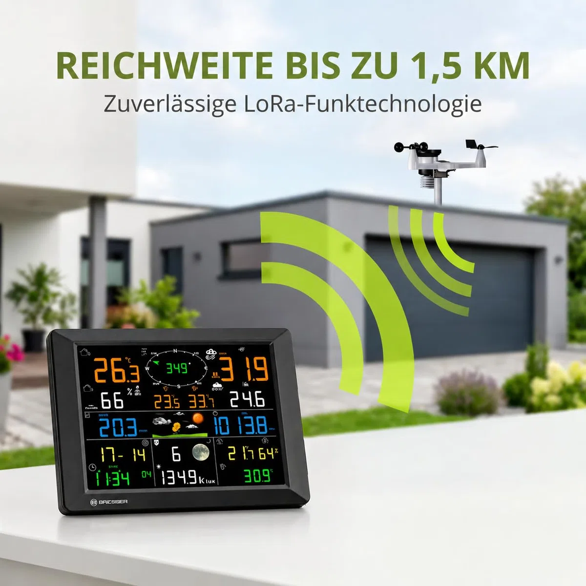 Bresser Wetterstation 1,5km Reichweite, WLAN, 7-in-1 Außensensor, Solar, UV, Wind, Regen, WLAN Upload, Alarm, Innen-/Außenklima