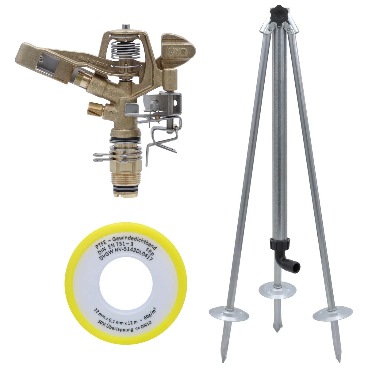 Agrarflora Kreis-und Sektorenregner VYR-60, 3/4 Zoll, Komplettset mit Dreibeinstativ und 12m PTFE-Dichtungsband, Kreisregner, Sektorenregner, Impulsregner, Teilkreisregner