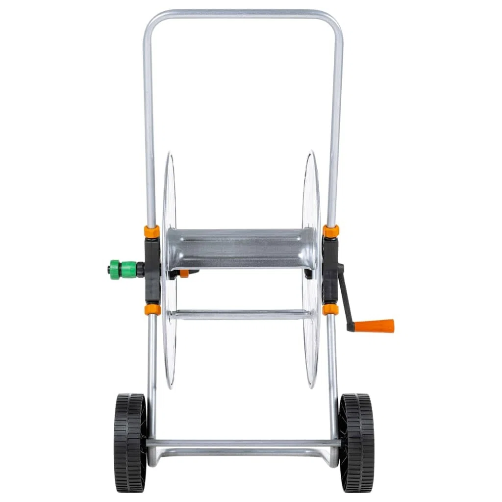 Verzinkter Stahl Schlauchwagen für 110 m 1/2" oder 80 m 3/4" Schlauch, mit langem Griff und Rädern für einfache Bewegung, abgewinkelter Anschluss verhindert Verdrehen