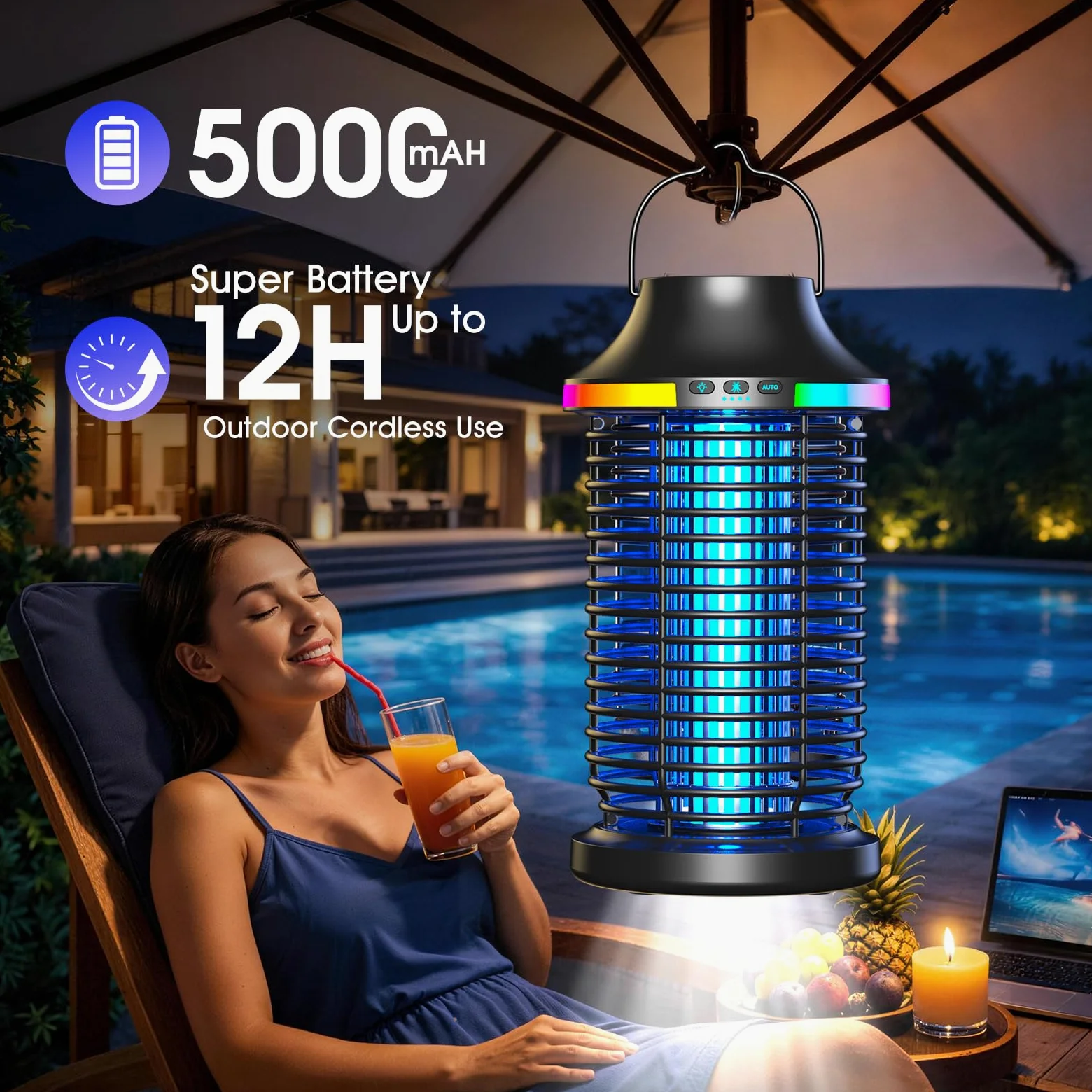 Bug Zapper Outdoor Kabellos, 2026 Upgraded 4200V Elektrischer Mückenzapper 5 in 1 Wiederaufladbarer Insektenvernichter Outdoor Wasserdicht mit 5000mAh Akku, Tragbarer Fliegenvernichter