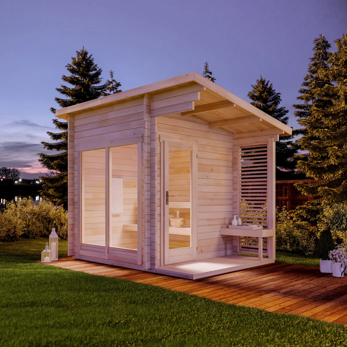 Gartensauna Außensauna Saunahaus Lizzy S 2 Sitzbänke aus Holz Wandstärke 40 mm