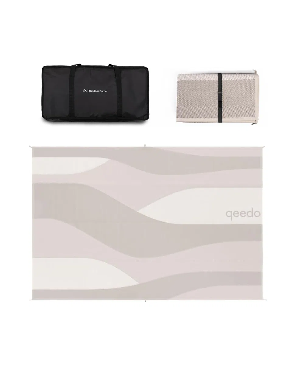 qeedo Outdoor Teppich wetterfest 3 x 2 m - Vorzeltteppich mit Heringen & Tragetasche - Campingteppich UV50+ mit 3.000 mm Wassersäule - Unterlage für Zelt, Wohnmobil & Vorzelt