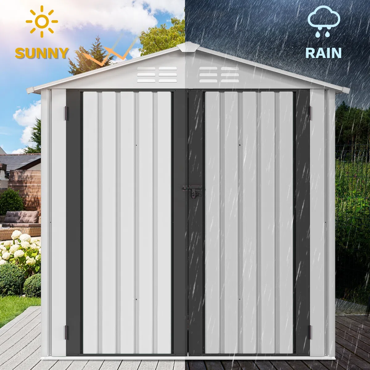 YITAHOME Metall Geräteschuppen Gerätehaus Gartenhaus Gartenhütte,Weiß | 171x87x184cm|6x4 klein|Rasenmäher Gartenschuppen|Satteldach|Abschließbar|4 Lüftungsöffnungen|Gartenhaus mit Tür|Wetterfest