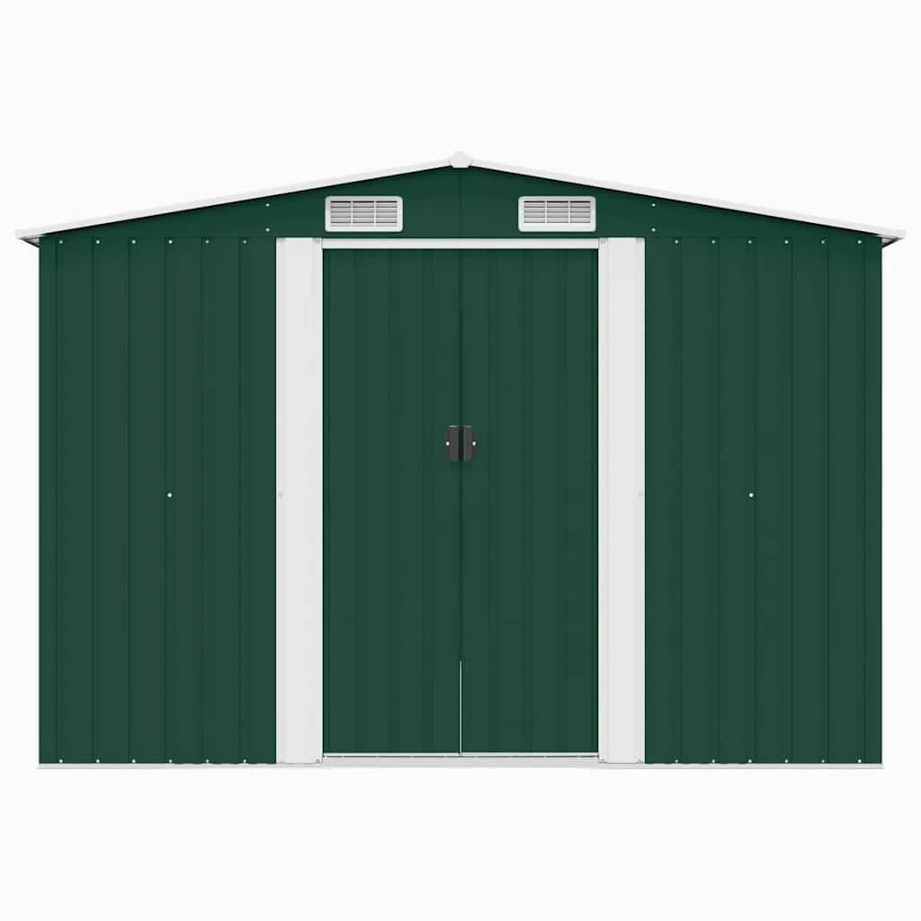 Gerätehaus Metall grün 257x298x178 cm verzinkter Stahl Gartenschuppen mit Lüftungsgittern, Schiebetüren, geräumig für Werkzeugaufbewahrung und Gartenlagerung im Außenbereich Terrasse