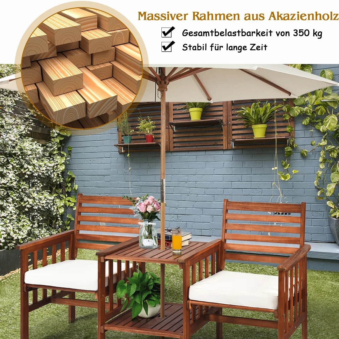 COSTWAY Gartenbank mit Tisch, 2-Sitzer Holzbank mit Sitzkissen & Schirmloch, Sitzbank aus Akazienholz bis 350 kg belastbar, Terrassenbank für Balkon, Garten, Terrasse, 165 x 65 x 88 cm