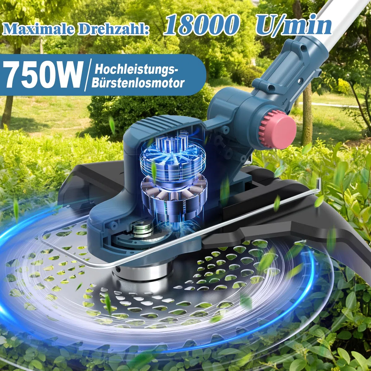 Rasentrimmer mit Akku, Akku Rasentrimmer für Makita-Akkus mit 5 Klingentypen und 2X4.0Ah Akku, 21V Bürstenlose Rasentrimmer mit Unkrautbürste, 5 in 1 Akku Freischneider für Garden Trimmen, Blau