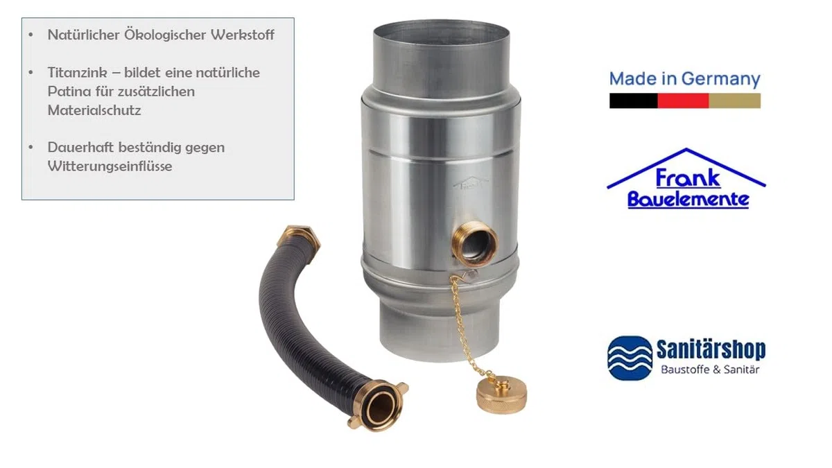 Sanitärshop Baustoffe & Sanitär Zink Regenwassersammler mit Schlauchanschluss für das Fallrohr, Titanzink 85% Wasser-Ertrag, Wassersammler für Regentonnen - gratis Handschuhe Gr. 10 (80mm)