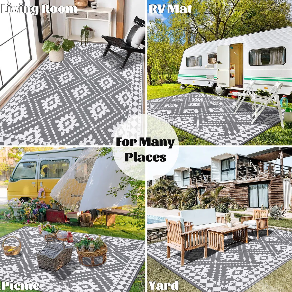 Enyhom Groß Außenteppich 240 x 300 cm, Robuster Flachgewebe Kunststoff Picknickdecke, Wendbarer UV-beständige Campingmatte, Wasserdicht Farbecht Balkonteppich für Outdoor RV Camping, Grau