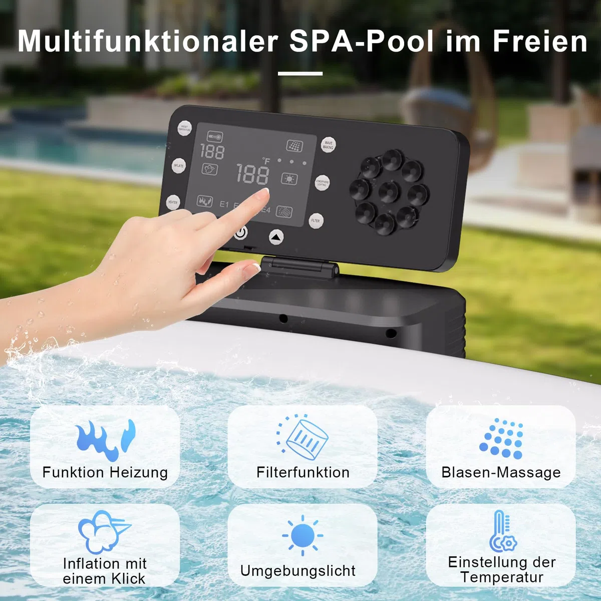 B&Y Whirlpool mit 3-stufiger Wellenfunktion und 6 Ambientebeleuchtung | Isolierte Abdeckung，Automatische Inflation & Deflation，Heizfunktion，Robuste Materialien