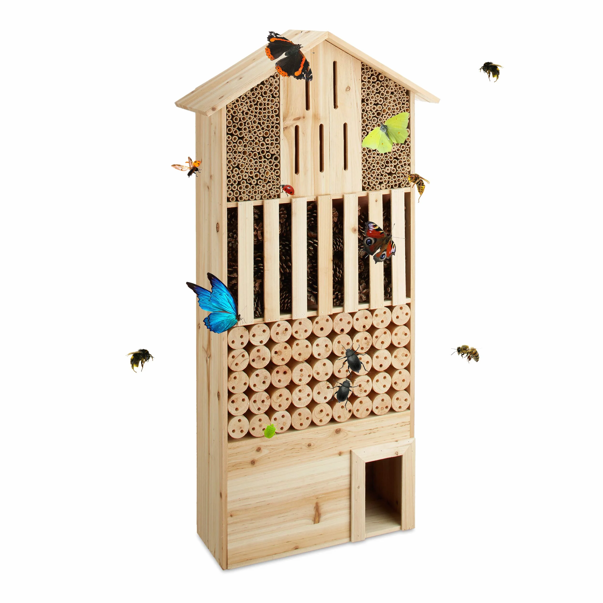 Relaxdays Insektenhotel XXL stehend, Nisthilfe für Biene, Schmetterling, Igelhaus, Holz, HxBxT: 118 x 57 x 24 cm, natur