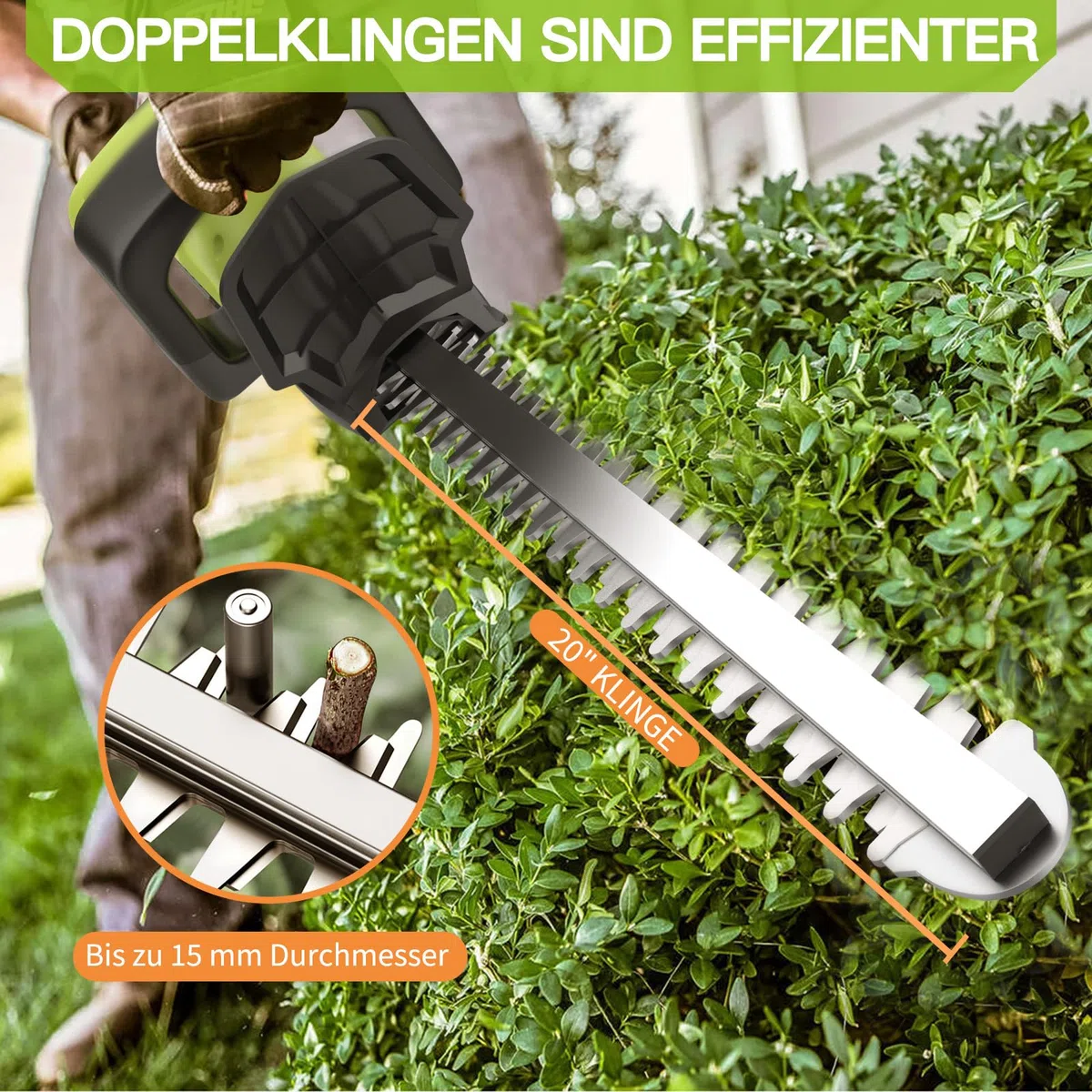 VOERJIA Akku Heckenschere 21V mit 2 Akkus, 50cm Messer, 15mm Schnittkapazität, Leistungsstarker bürstenloser Motor für Hecken am Zaun, Vorgarten & präzisen Formschnitt (Profi-Set)