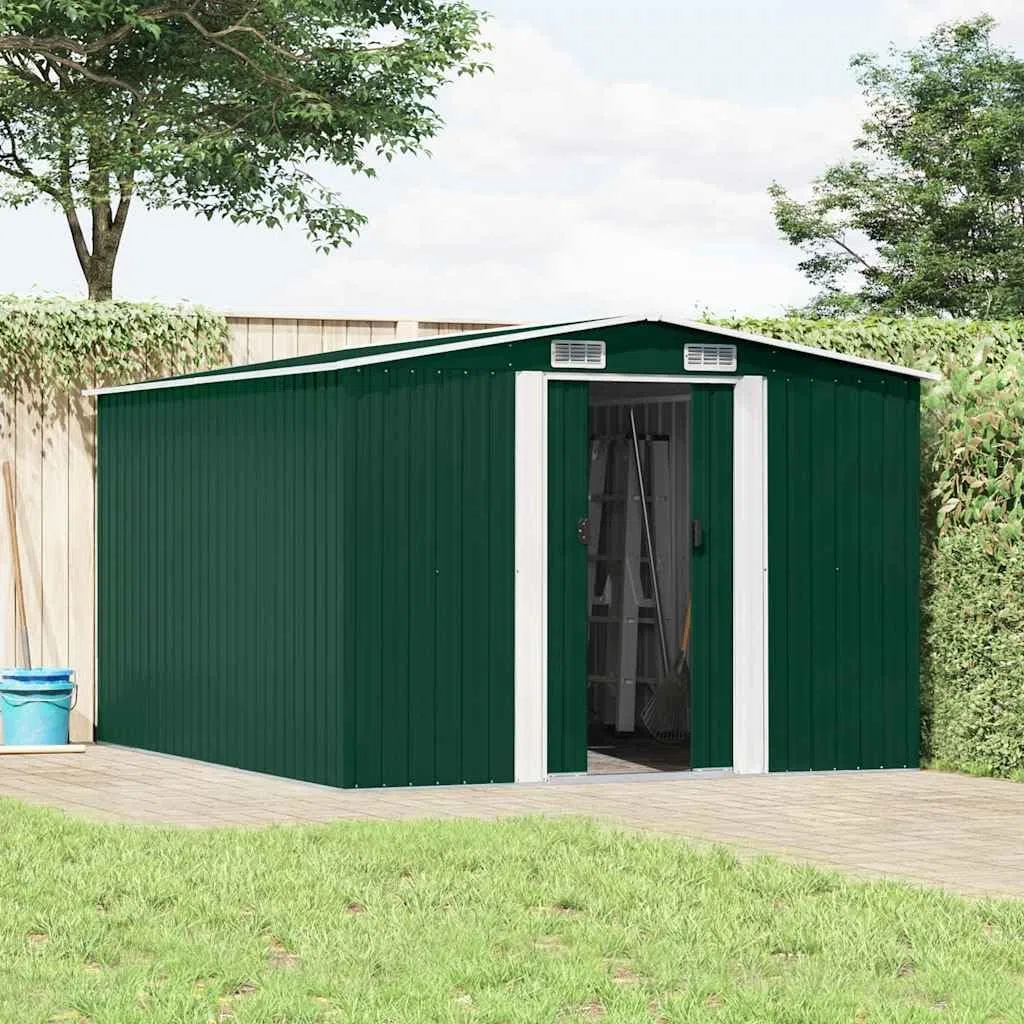Gerätehaus Metall grün 257x298x178 cm verzinkter Stahl Gartenschuppen mit Lüftungsgittern, Schiebetüren, geräumig für Werkzeugaufbewahrung und Gartenlagerung im Außenbereich Terrasse