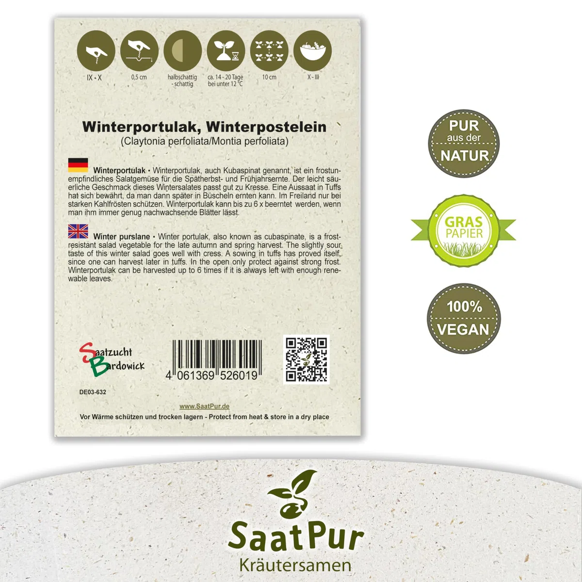 SaatPur Winterportulak Samen, Saatgut - Kleines Tray mit 25 Portionstüten für je ca. 1500 Pflanzen