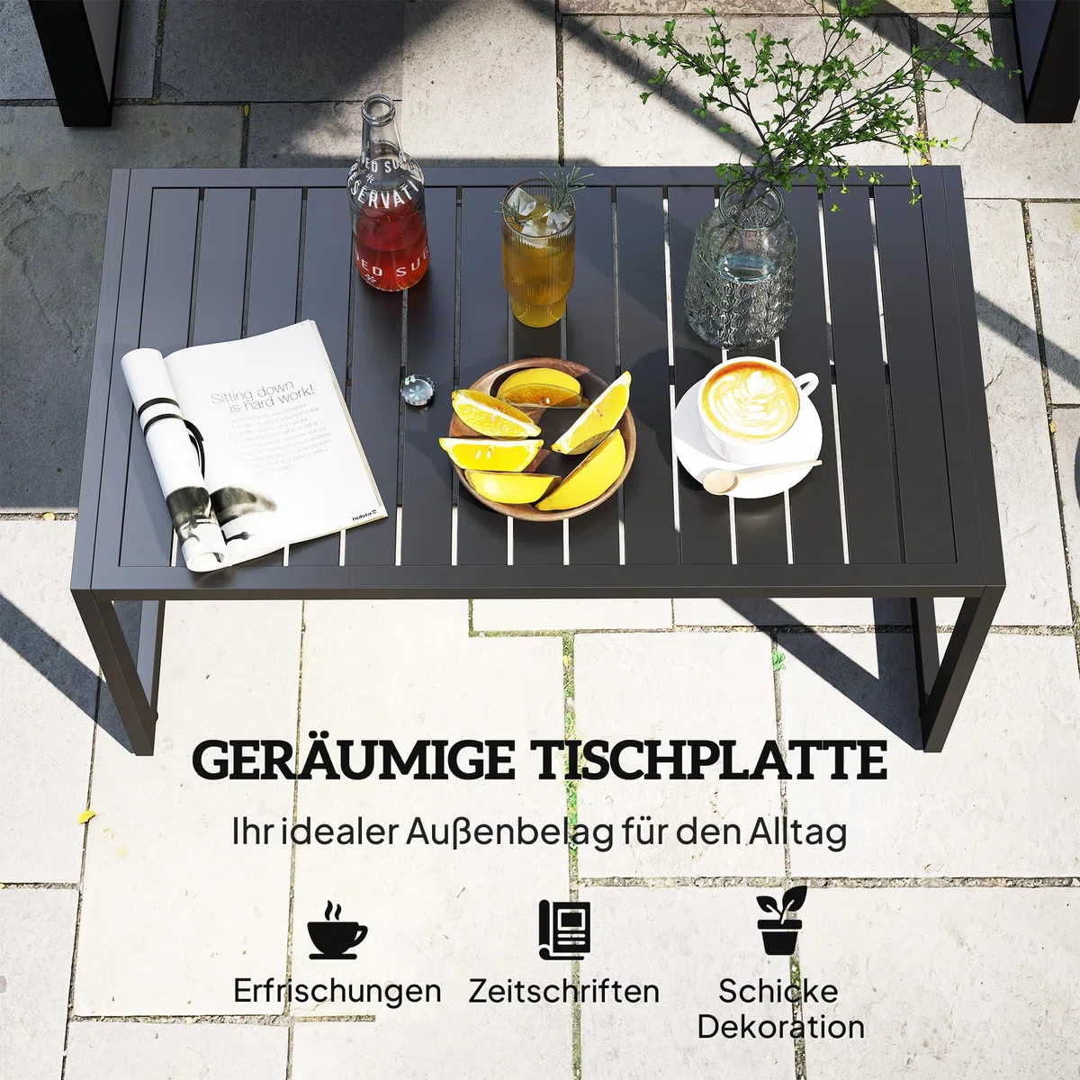 Outsunny Beistelltisch Loungetisch Outdoor 90 x 50 x 42 cm Schwarz | Lamellendesign, Wetterfest, Aluminium, Pflegeleicht, Balkontisch, Kaffeetisch, Gartentisch, Für Balkon Garten Terrasse