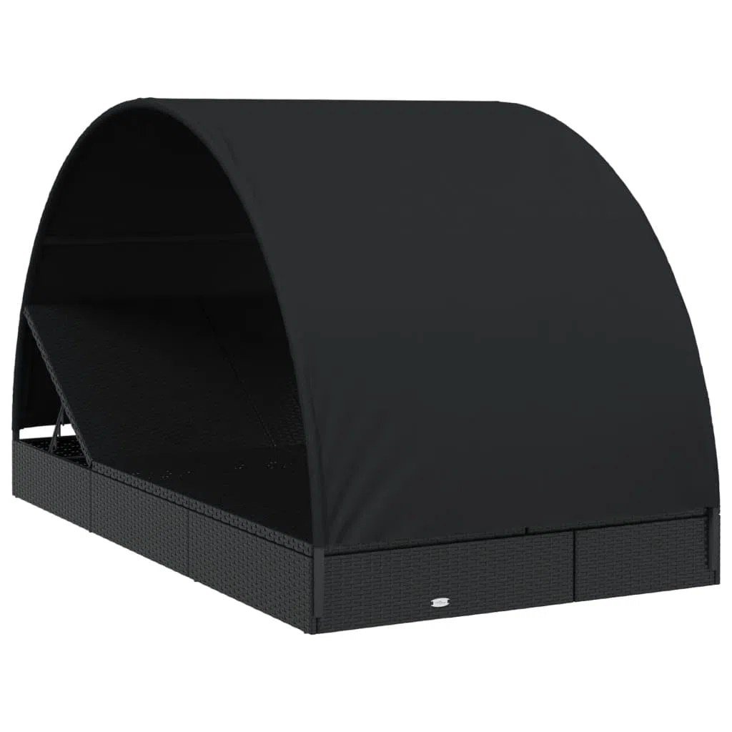 Sonnenliege für 2 Personen mit rundem Dach Schwarz 211x112x140 cm aus PE-Rattan pulverbeschichtetem Stahl verstellbar mit Polstern für Terrasse Balkon Pool Camping Relaxen
