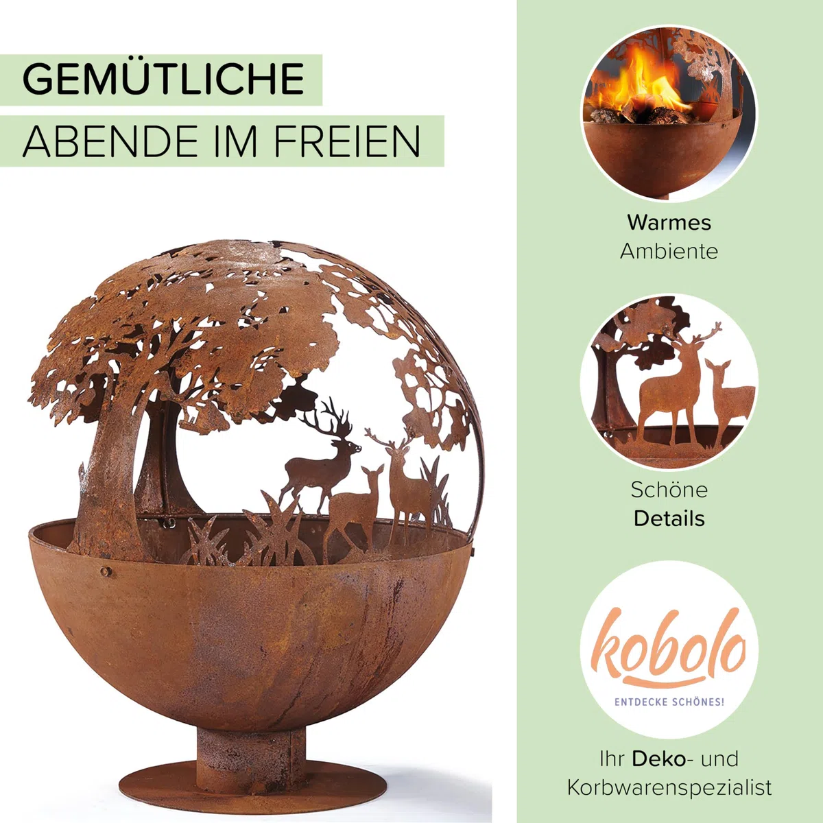 Kobolo Feuerschale Feuerkorb Forest Kugelform rund mit Motiv 50x50x60 cm