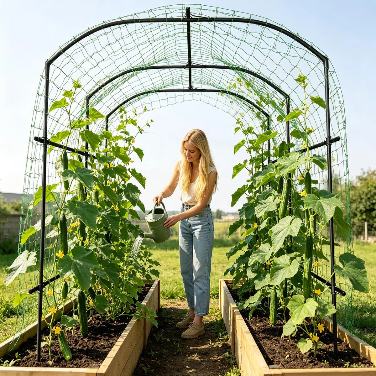 SUNYRISY Große Gurken Rankhilfe, Gartenbogen für Kletterpflanzen Rankhilfen, 220cm Hoher PE Beschichtete Metall Rankgitter mit Ranknetz, Rankbogen Rankgitter für Gurke, Blumen, Erbsen