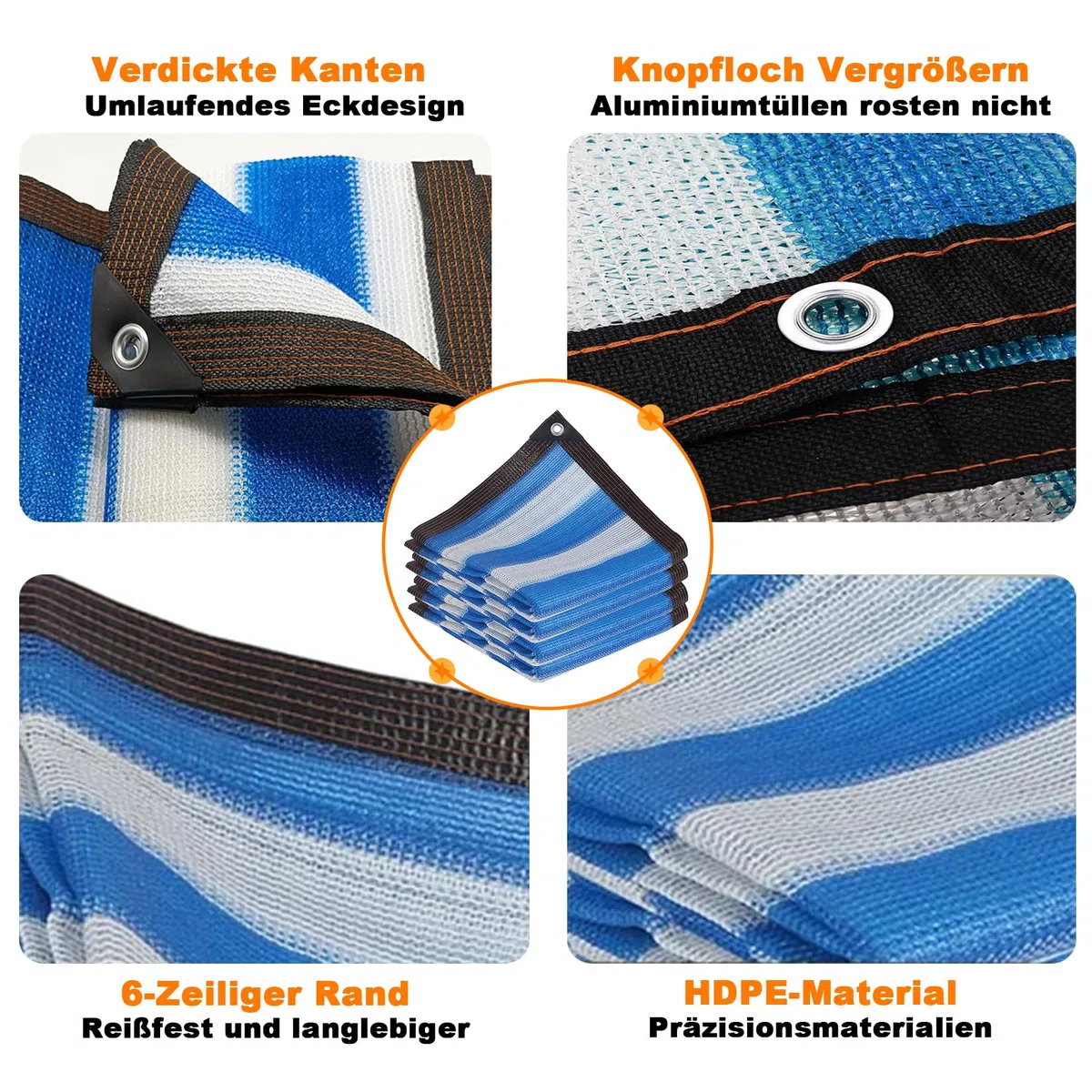 Segeltuch mit ösen und Befestigungsseile - 10x10m - 65% Beschattungsrate, Kratzfest - Schattiernetz - Sonnensegel für Gewächshaus Garten Gemüseg, Blaue Streifen