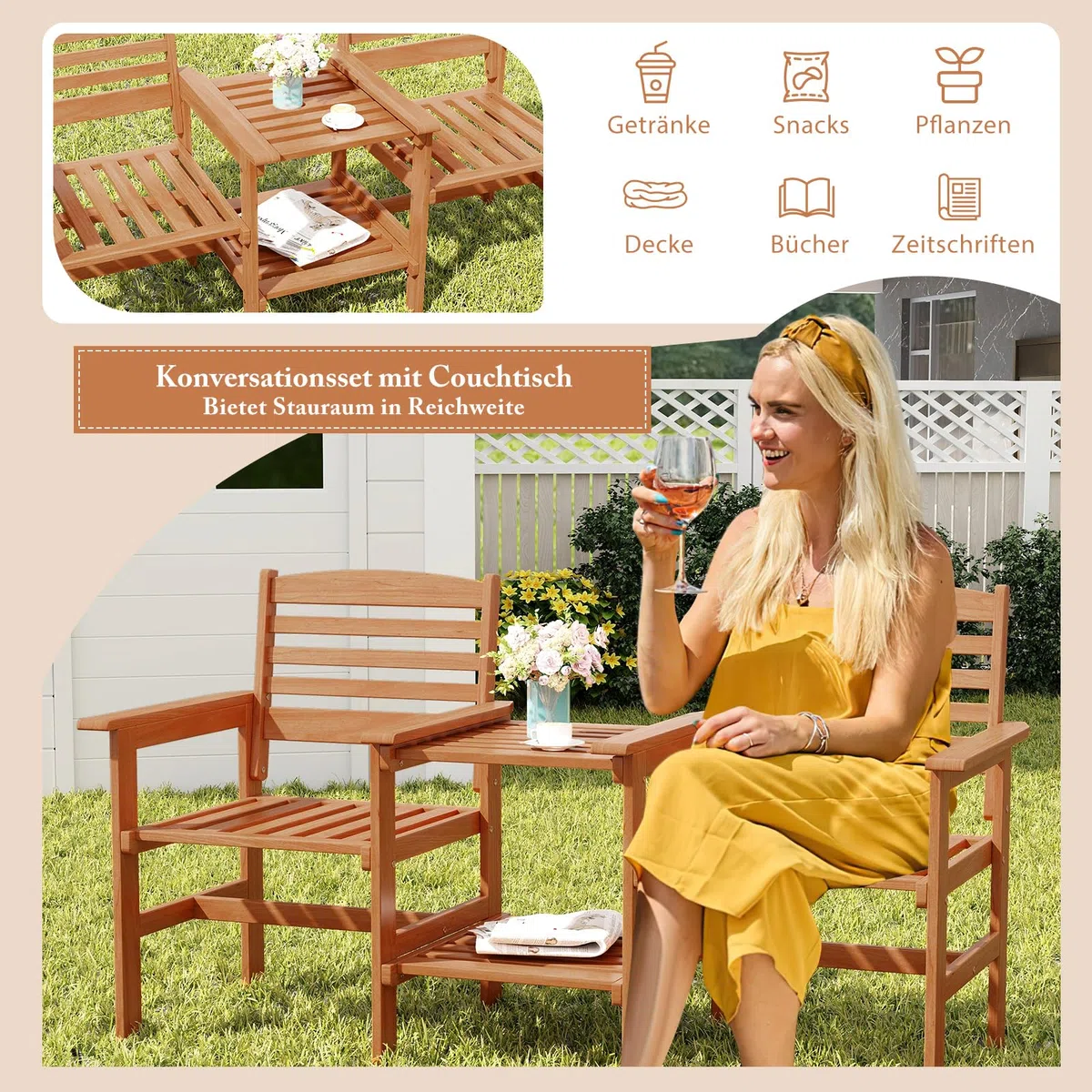 GOPLUS Gartenbank mit Tisch, 2-Sitzer Holzbank mit Schirmloch, Balkonbank aus Hartholz, Sitzbank Outdoor Sitzgarnitur, für Balkon, Garten & Veranda, 159,5 x 61,5 x 88 cm