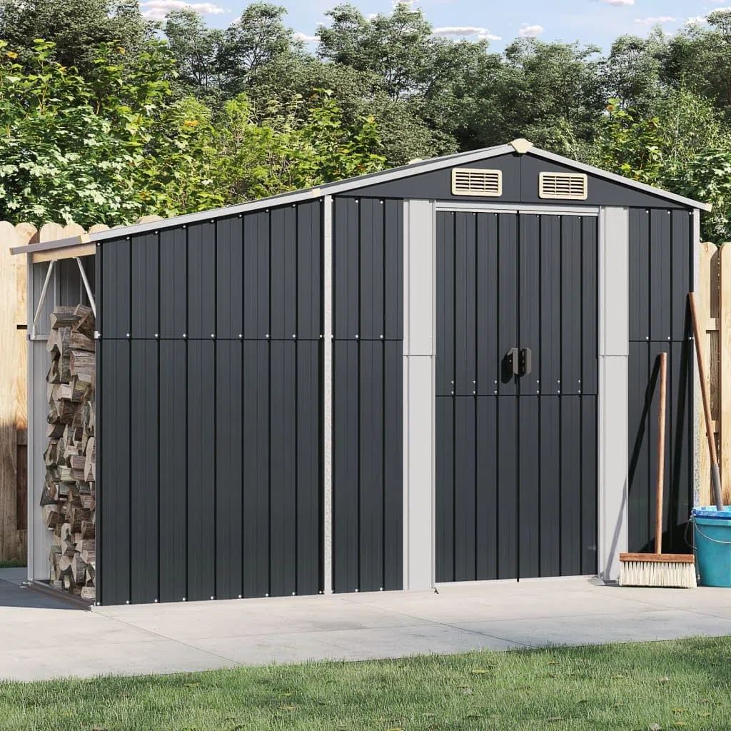 Gerätehaus Anthrazit 277x93x179 cm aus verzinktem Stahl - Metallschuppen mit Brennholzregal und Schrägdach - Multifunktionaler Gartenschuppen für Gartengeräte und Kaminholz