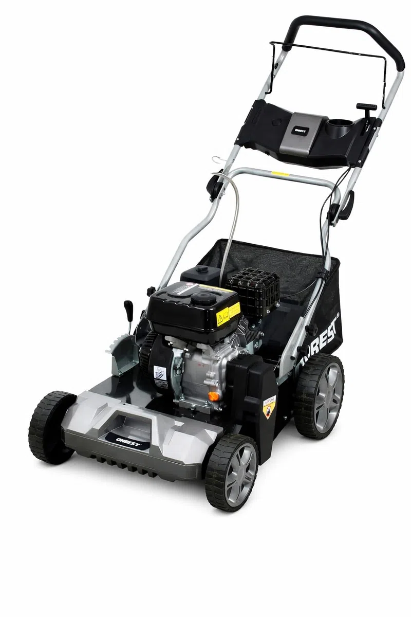ONBEST Benzin Vertikutierer 4,5 kW 6,12 PS 440 mm | Rasenvertikutierer und Rasenlüfter mit Messer- und Federkrallenwalze, 45 L Fangkorb und 6 Tiefenstufen